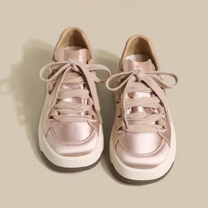 Fashion Spring Fashion Breathable Satin Casual Pink Sneakers 2025 New Style Women's Vulcanized Round Toe Thick Sole Lace Up Flat Shoes