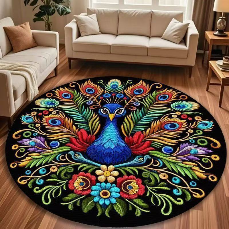 Peacock Pattern Round Carpet Modern Luxury Home Decor Floor Mat Ethnic Style Colorful Non-Slip Rug for Living Room Bedroom