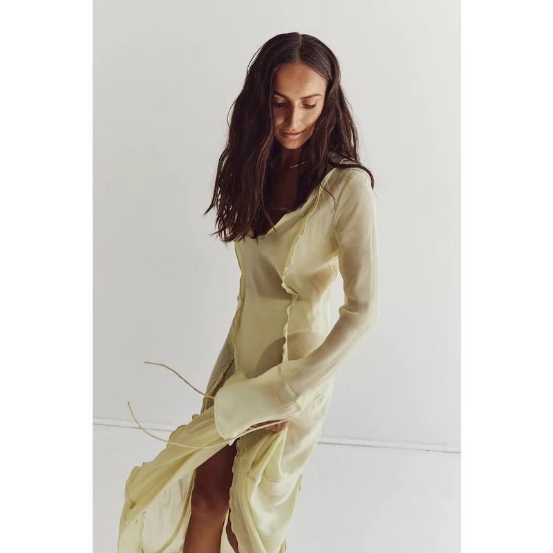 

Жіноча літня сексуальна прозора сукня з V-подібним вирізом, вільна, з рюшами L світло-зелений колір