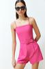 Women's Fashion Jumpsuit Square Collar Strappy Fuchsia Belted Strap Mini Woven Jumpsuit