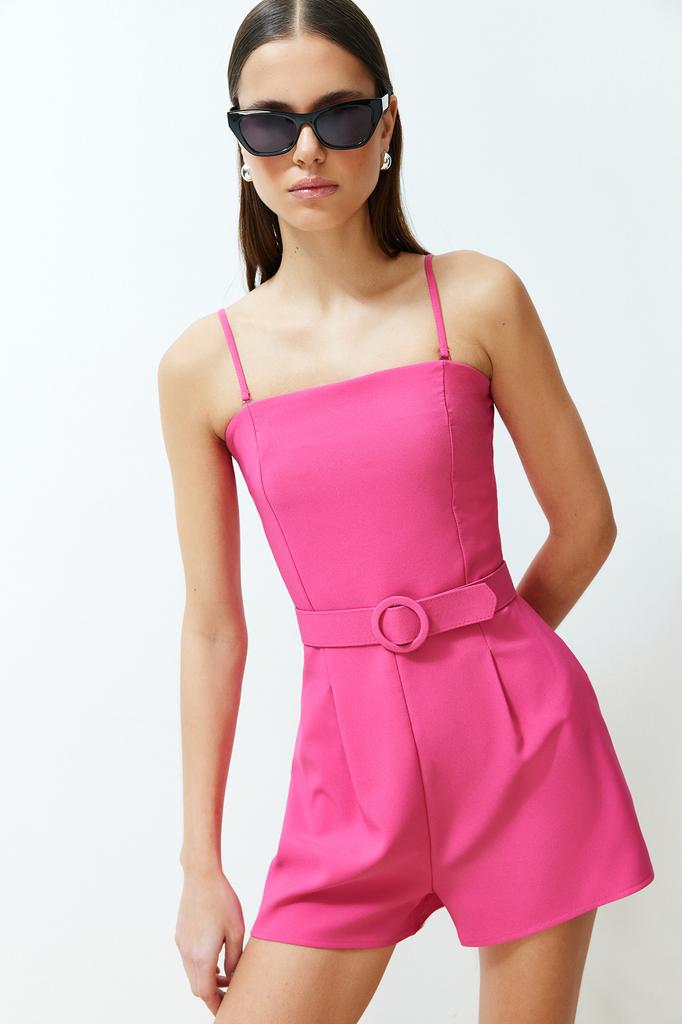 Women's Fashion Jumpsuit Square Collar Strappy Fuchsia Belted Strap Mini Woven Jumpsuit