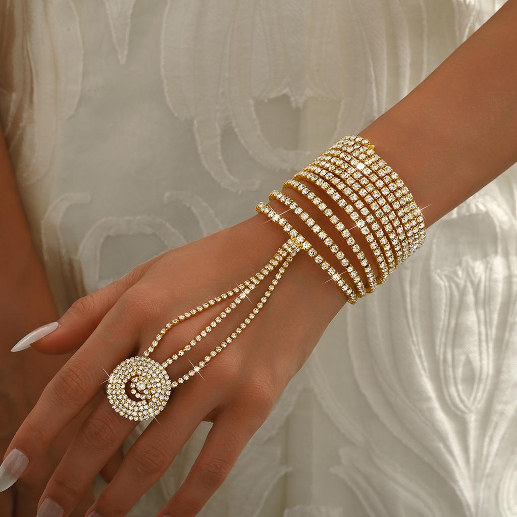 Multi layer rhinestone linked finger personalized trendy bracelet ring, women's Latin dance ballroom dance versatile accessory