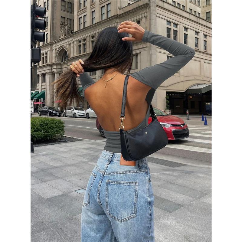 Damen Slim Top Langarmshirts Basic Crop Tops Ausgehmode Einfarbig Rundhals Layer Slim Fit Tops