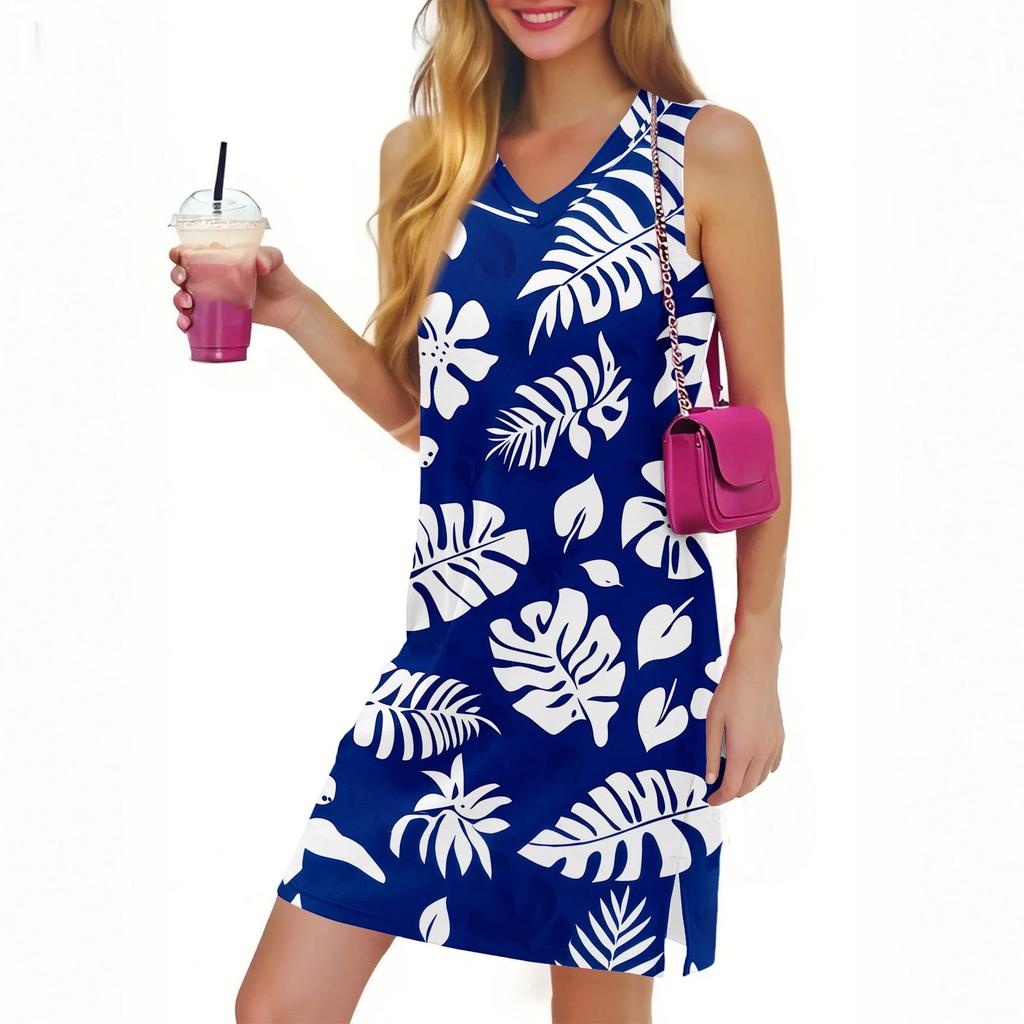 V-Ausschnitt Sommer Casual Strandkleid für Frauen Urlaub Damen ärmelloses Sommerkleid mit Schlitz