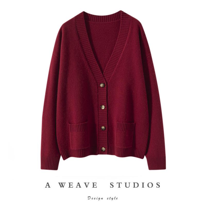 Women's Minimalist V-Neck Cashmere Cardigan - Buttoned, Thick, Wool Sweater Coat