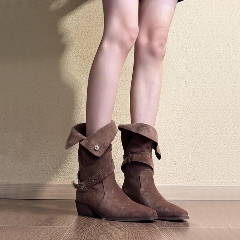 Suede pointed knight boots wasteland wind belt buckle thick heel short boots advanced sense thin two wear western boots
