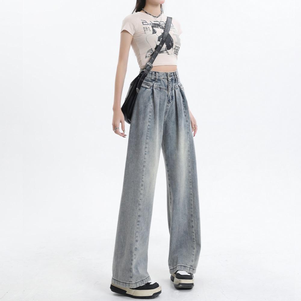 Simple Commuter Pleated Wide-leg Jeans Women's High Waist Spring and Autumn New Loose and Versatile Wide-leg Jeans