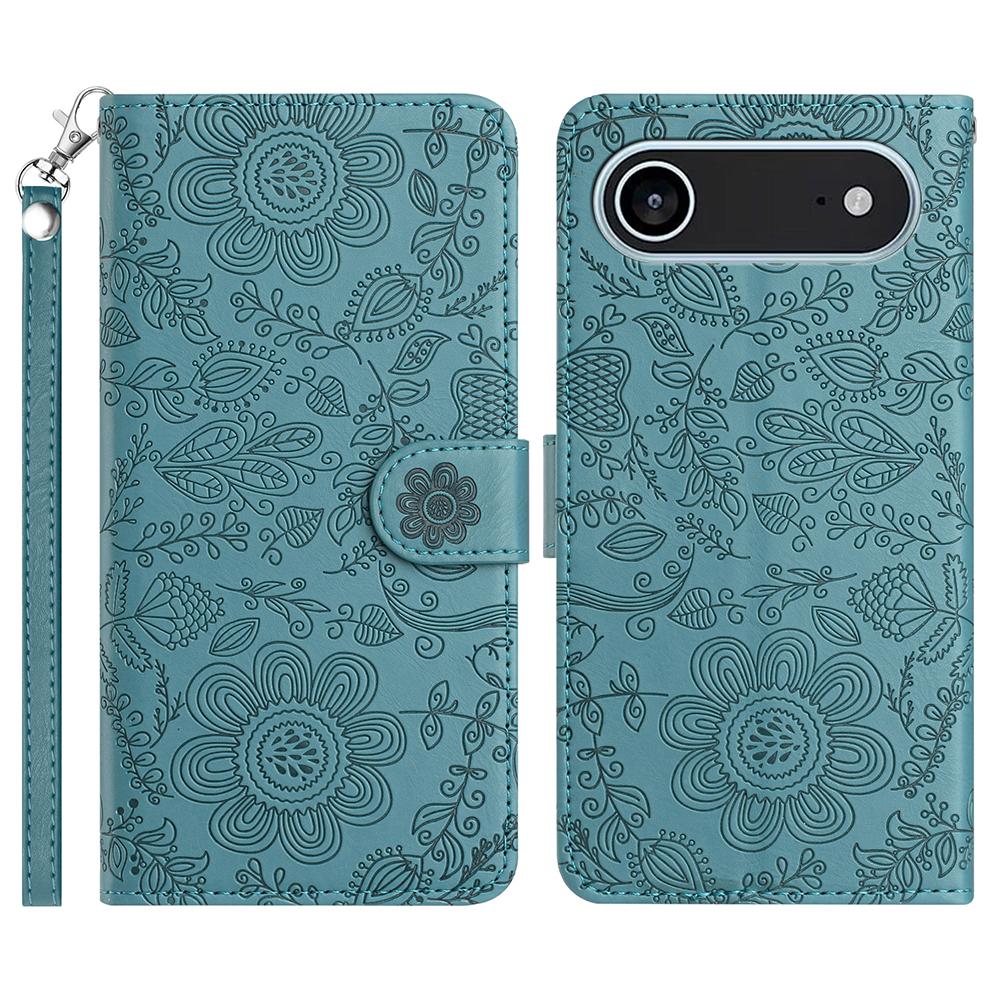 For iPhone 17 Air Case Flower Imprint Leather Flip Wallet Phone Cover with Wrist Strap