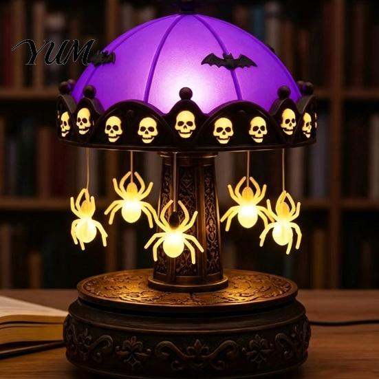 Niche Gothic Home Accents Halloween Ghost Carousel Lights, Stained Glass Night Light with Retro Copper Creative Projection Base, USB Rechargeable