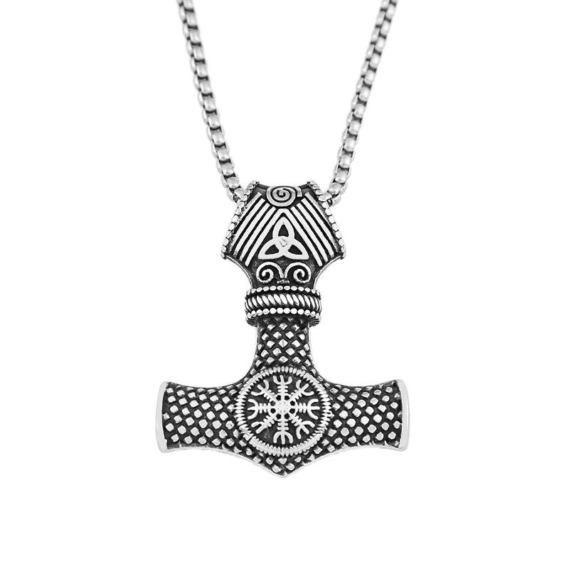 Vikings Thor Hammer Pendant Stainless Steel Mjolnir Necklace Nordic Rune Vegvisir Jewelry Popular Norse Scandinavian
