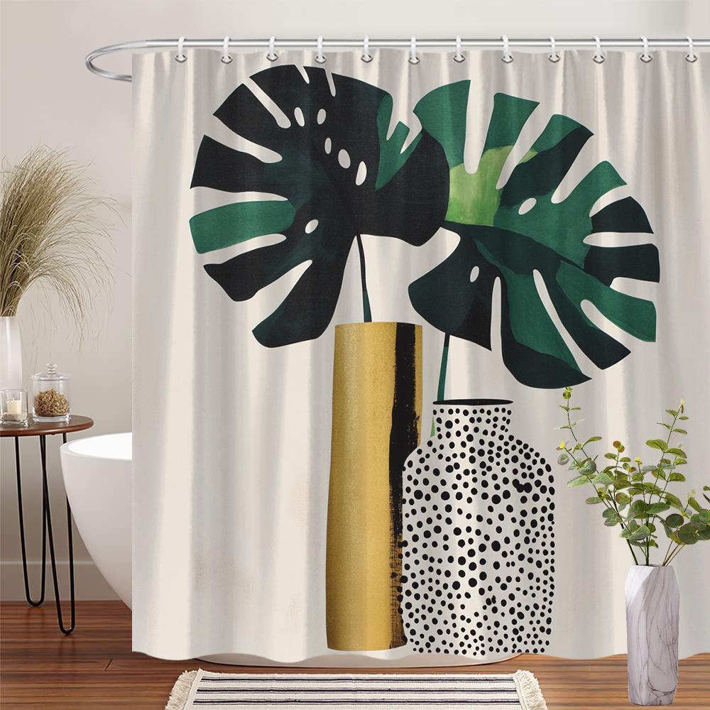 

Geometric Shower Curtain - Stylized Plants, Dark Green & Black/White Leaves, Gold & Ceramic Pots, Polyester, Machine Washable W60H190(CM)-1 Pcs