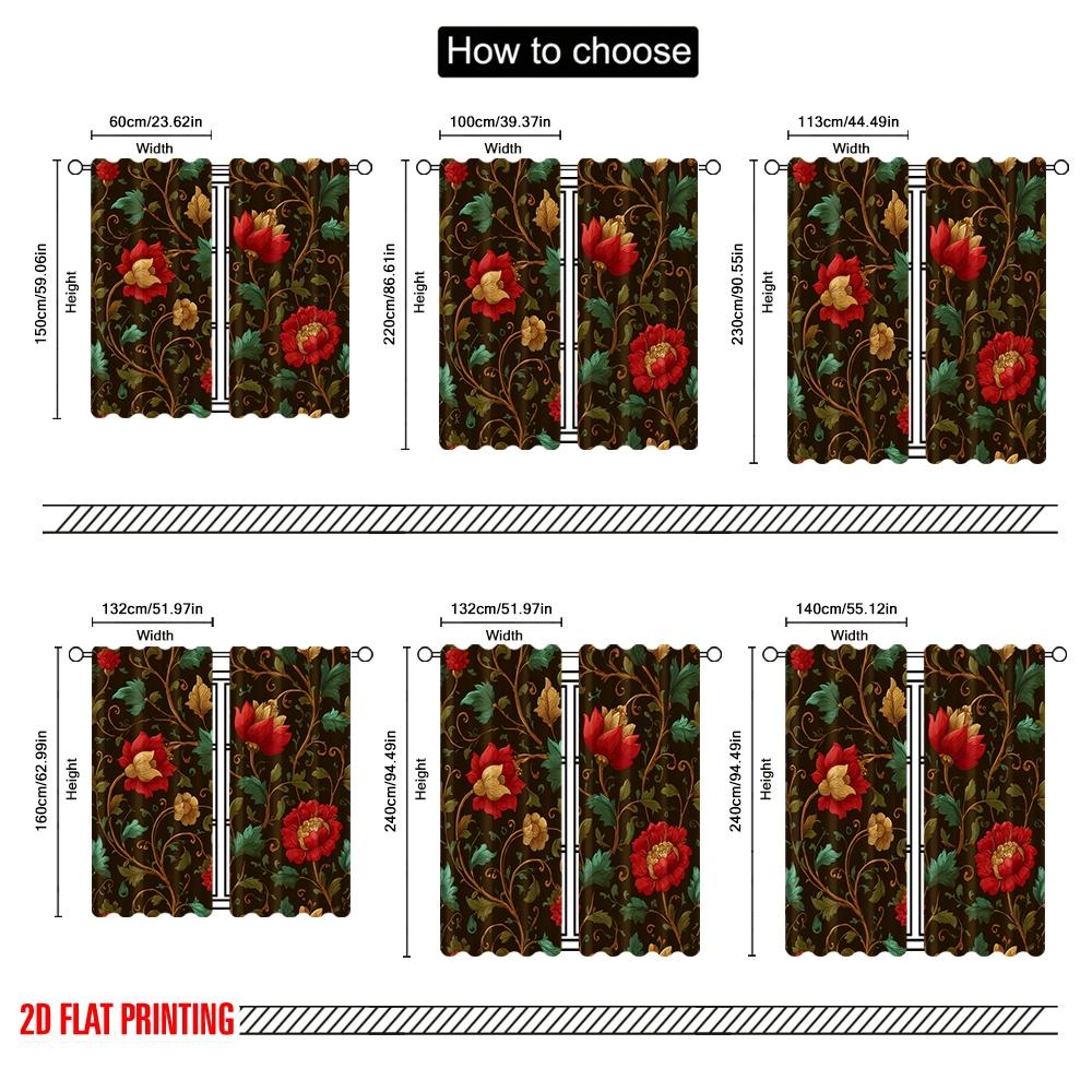 2pcs 2D flat printing Party Curtain Vintage Floral Red Flowers (2) Digital Printed Polyester Drapes Family Party Perfect for