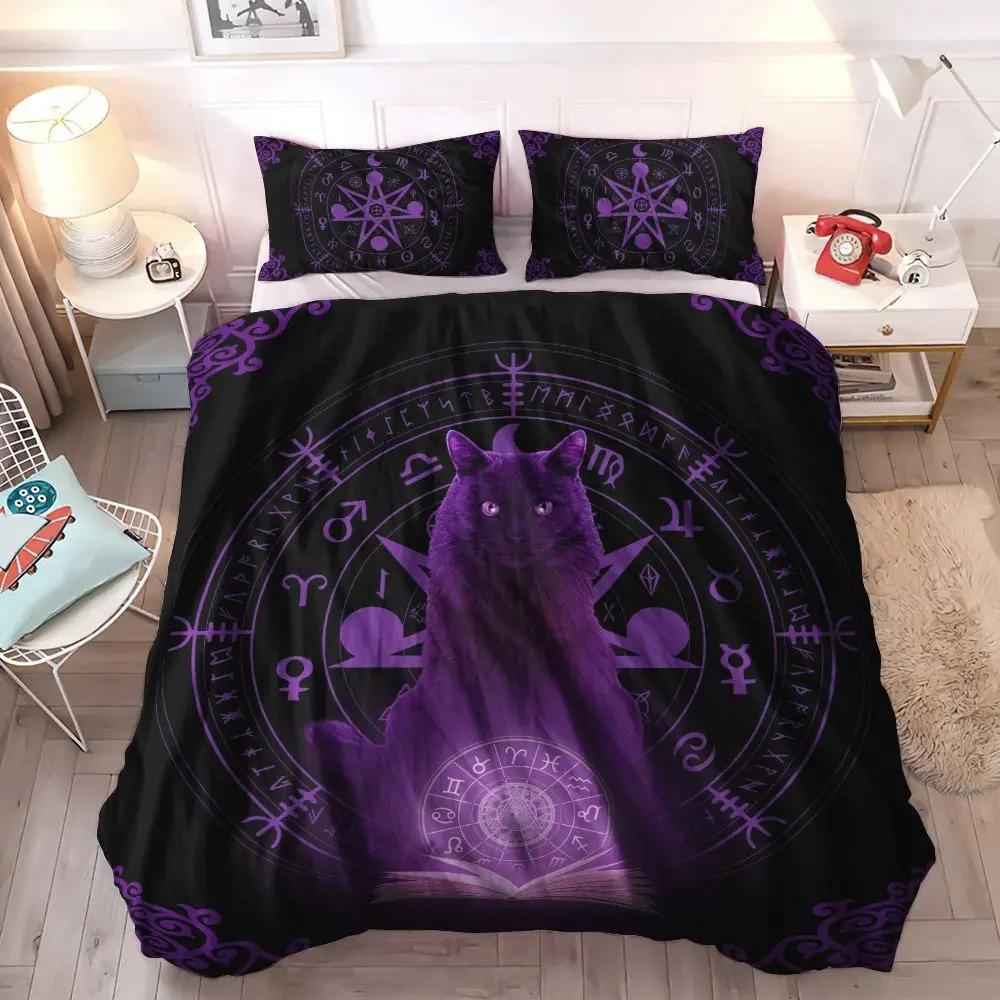Geheimnisvolles Schwarze Katze Bettbezug-Set Gothic Schwarze Katze Bettwäsche-Set Doppelbett Dreiteiliges Set