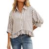 European and American women's clothing fashion commuter striped lace hem loose shirt five-quarter sleeve shirt