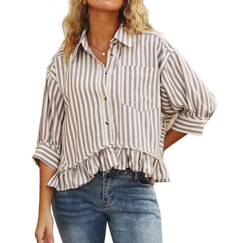 European and American women's clothing fashion commuter striped lace hem loose shirt five-quarter sleeve shirt