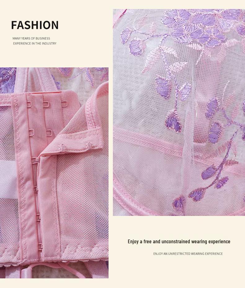 European & American Floral Lace Strappy Lingerie Set - Pink & Purple Push-Up Mesh