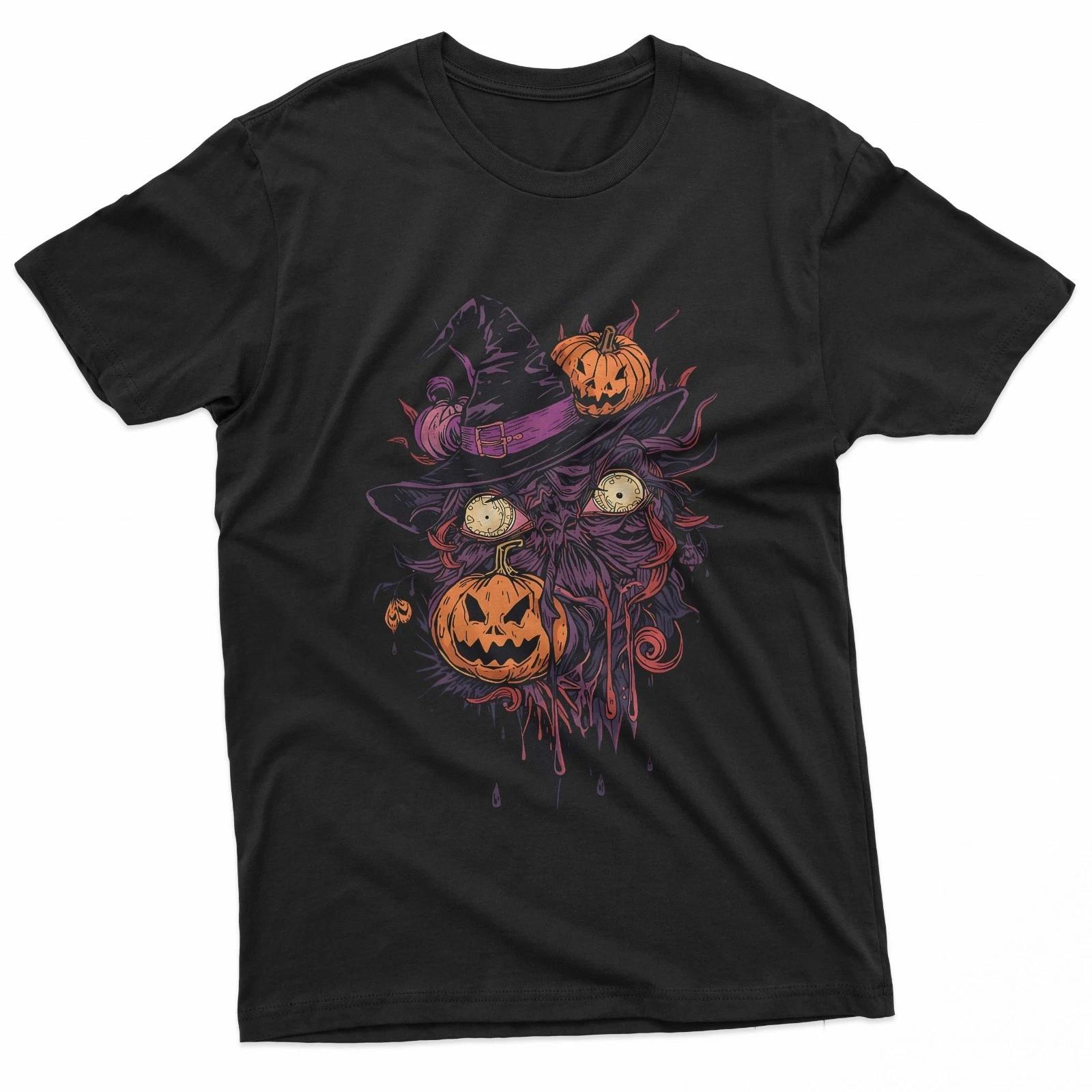 Creepy Witch With Pumpkin Face And Clock Eyes T-Shirt 2XL
