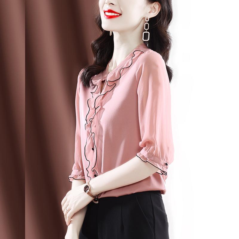 Woman Half Sleeve V Neck Chiffon Blouses Top Urban Office Lady Fashion Pullovers Blouse Women's Vintage Elegant Black Shirt 2022