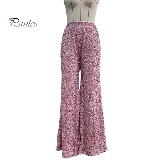 Women Casual Pants Elastic High Waisted Wide Leg Trousers Sparkling Leisure Design Sequin Parties Vacation Streetwear Soft