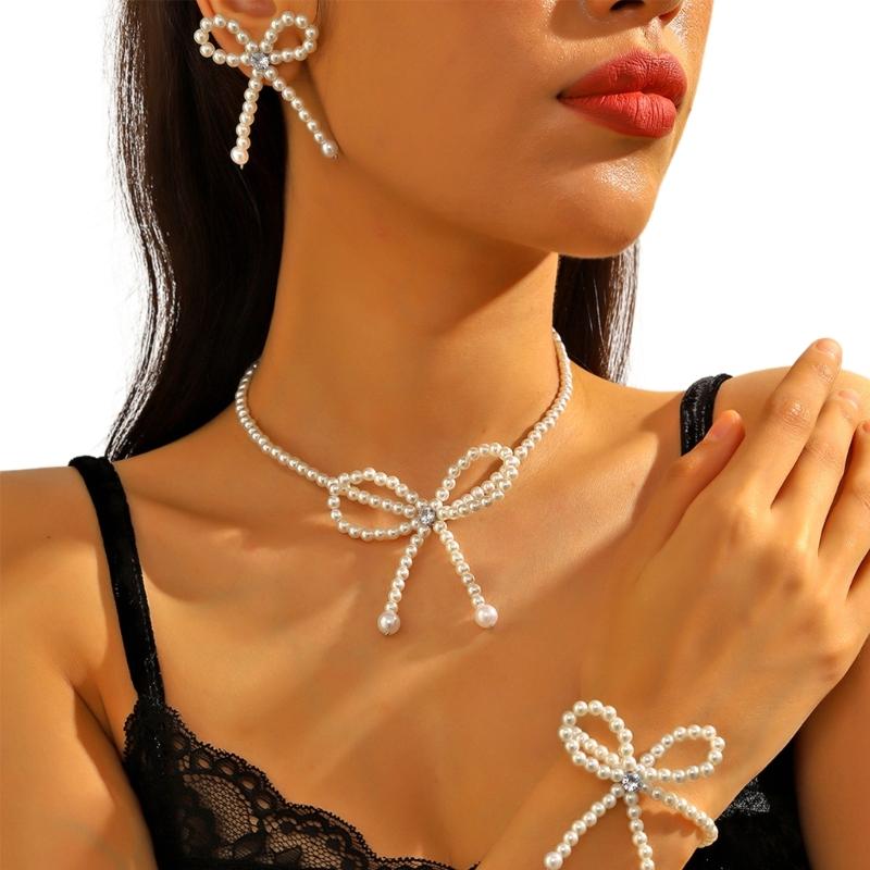 Handmade Butterfly Pendant Jewelry Set Imitation Pearls Beaded Bow Knot Necklace Earrings Bracelet Elegant Accessory