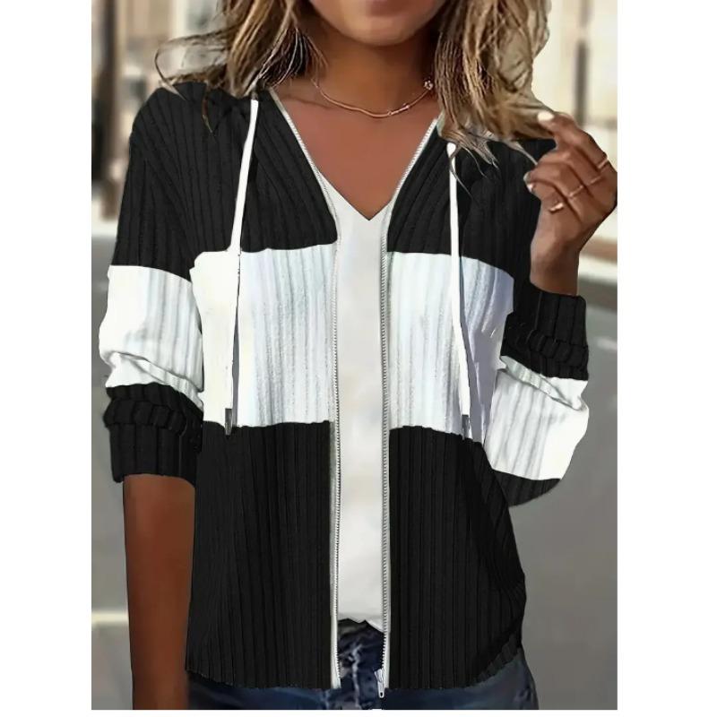 Women Rib Knit Zipper Drawstring Hooded Long Sleeve Casual Sweatshirt
