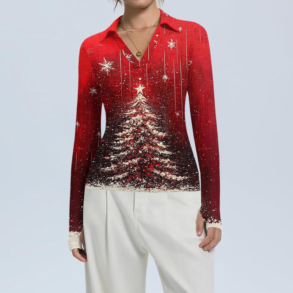 Damenmode Lässig Weihnachts-Print V-Ausschnitt Langarm Knopfleiste Oberteil