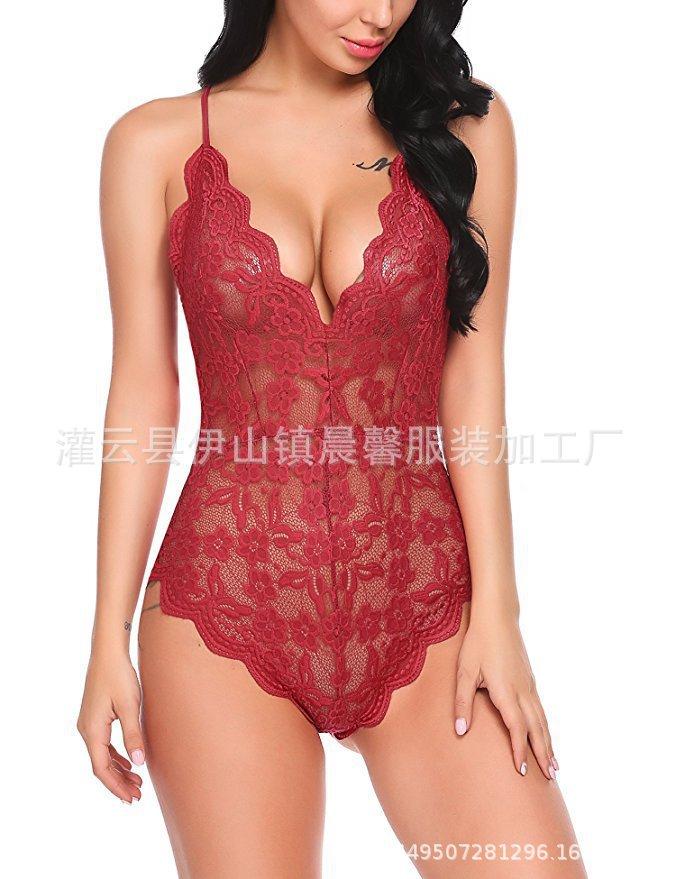 Sex Suit Sexy Women's Pajamas Deep V Perspective Lace Suspender Onesie Multi-color Bedroom Underwear Waist Suit