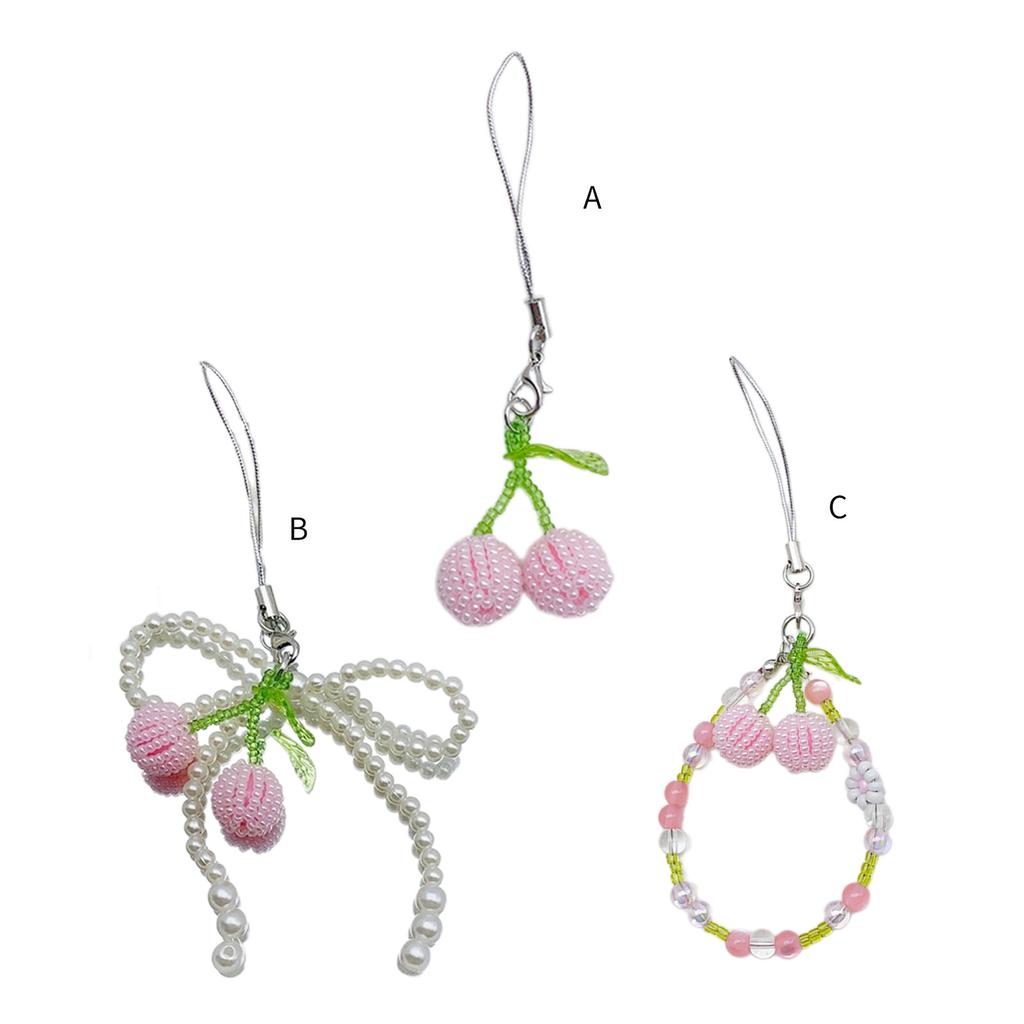 Fashion Beaded Cherry Pendant Phone Straps Lanyard Pocket Keychain Strap Backpack Charm Car Key Decoration Chain