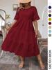 Summer solid color cotton embroidery crew neck lace hollow design dress summer Europe and America