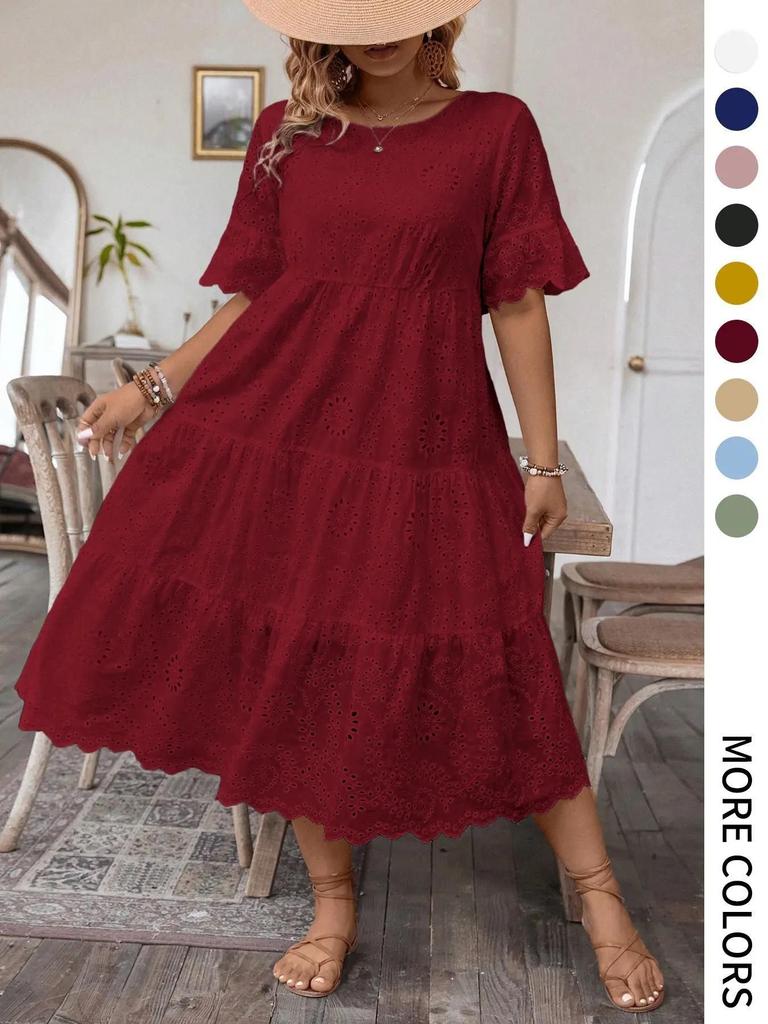 Summer solid color cotton embroidery crew neck lace hollow design dress summer Europe and America