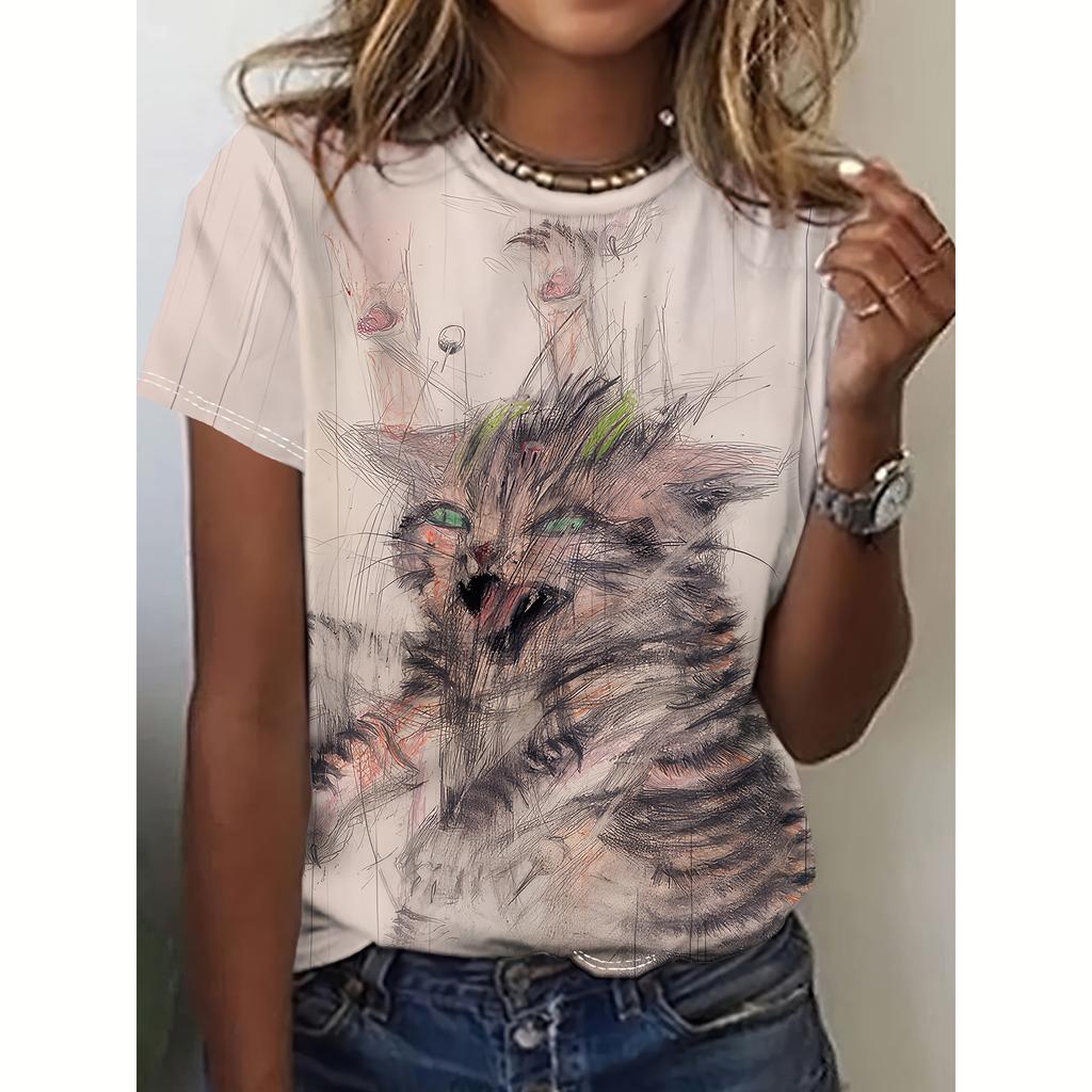 Letní dámské tričko pro volný čas Krátký rukáv 3D trička s potiskem kočky Móda Streetwear Pulovr s výstřihem Dámské oversized oblečení