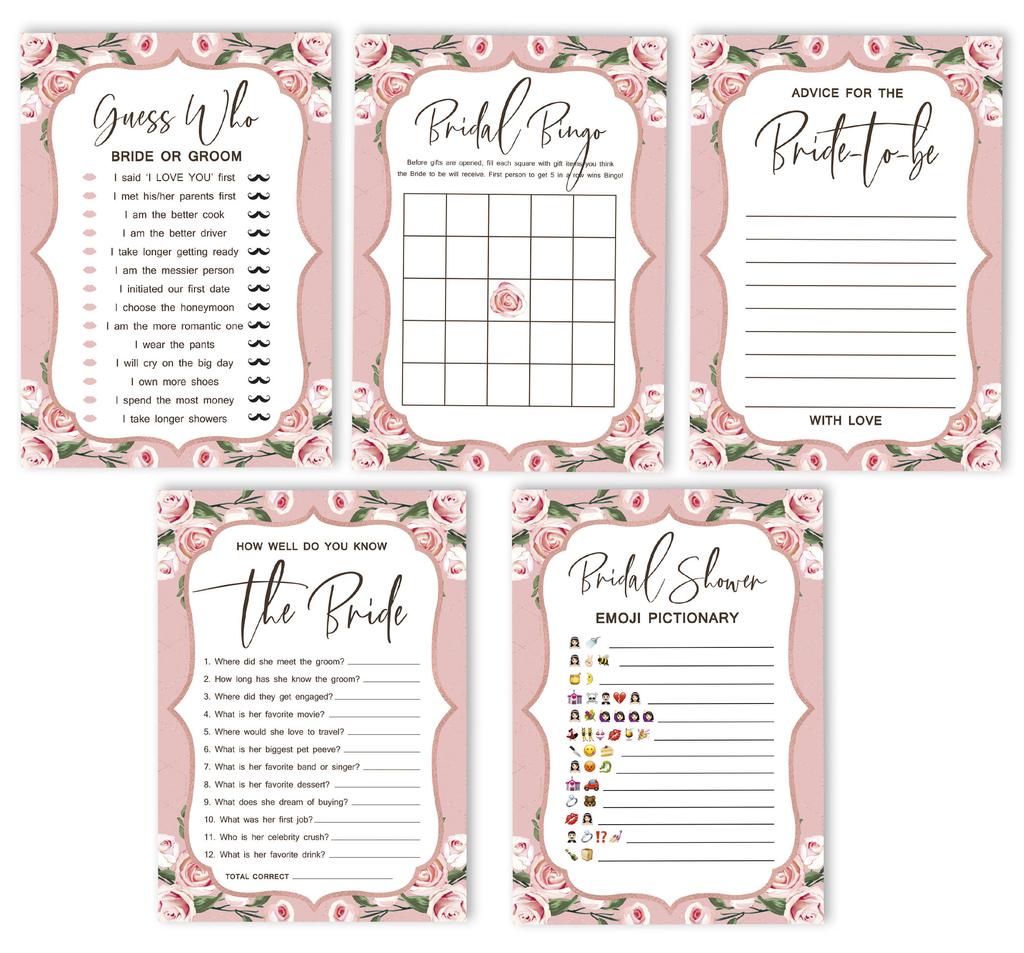Inkdotpot Bachelorette Party Games Set Bundle of 5 (Activities for 50 Guest) Floral Theme Fun Bridal Shower Game Set