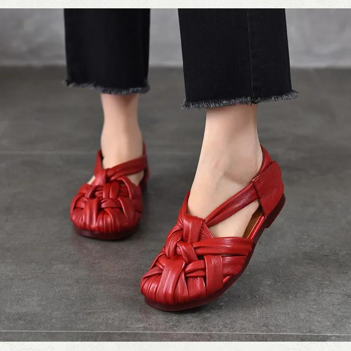 Johnature Genuine Leather Flat Roman Sandals Woven Hollow-out Breathable Women's Shoes