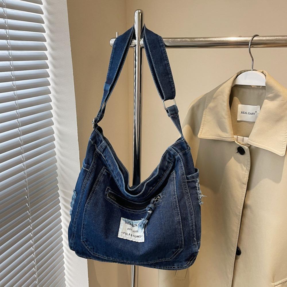 Fashion Sewing Thread Denim Crossbody Bags Zipper Multi-pocket Denim Bag Large Capacity Versatile Commuting Bag Youth Women