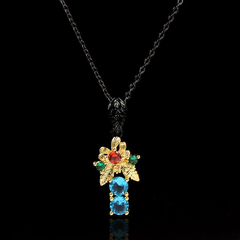 Schwarz Gold Schmuck Schlüsselbein Schmuck Pullover Kette Blau Zweifarbig Blume Halskette Vielseitig Silber Bronze