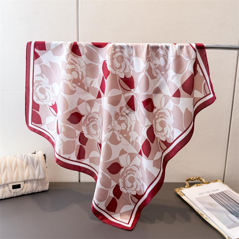 Rose Printing Imitation Silk Scarf Square Scarf High-End Shawl Versatile Neck Small Square Scarf Headscarf Female
