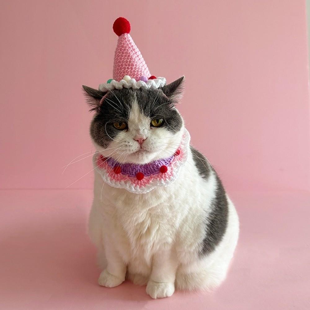 Cute Cat Birthday Hat Pet Birthday Party Dress Up Dog Neck Set Photo Decoration Handmade Dog Accessories for Small Dogs Puppy