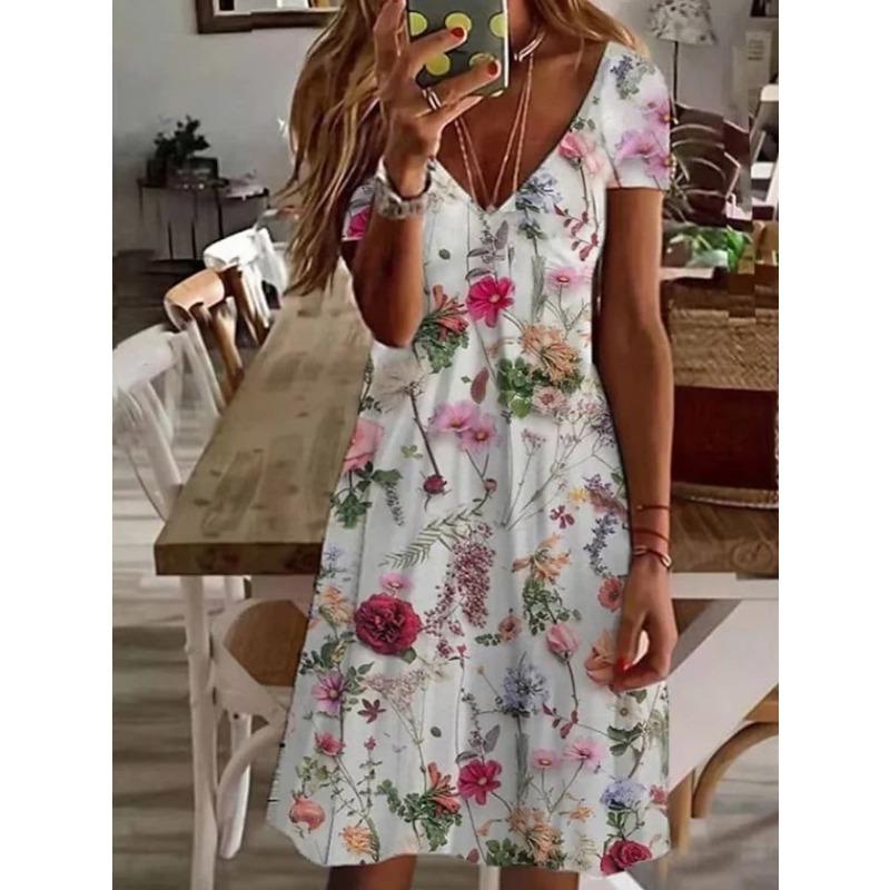 QICED Moda Yaz Bahar Kısa Kollu V Yaka Günlük Elbiseler