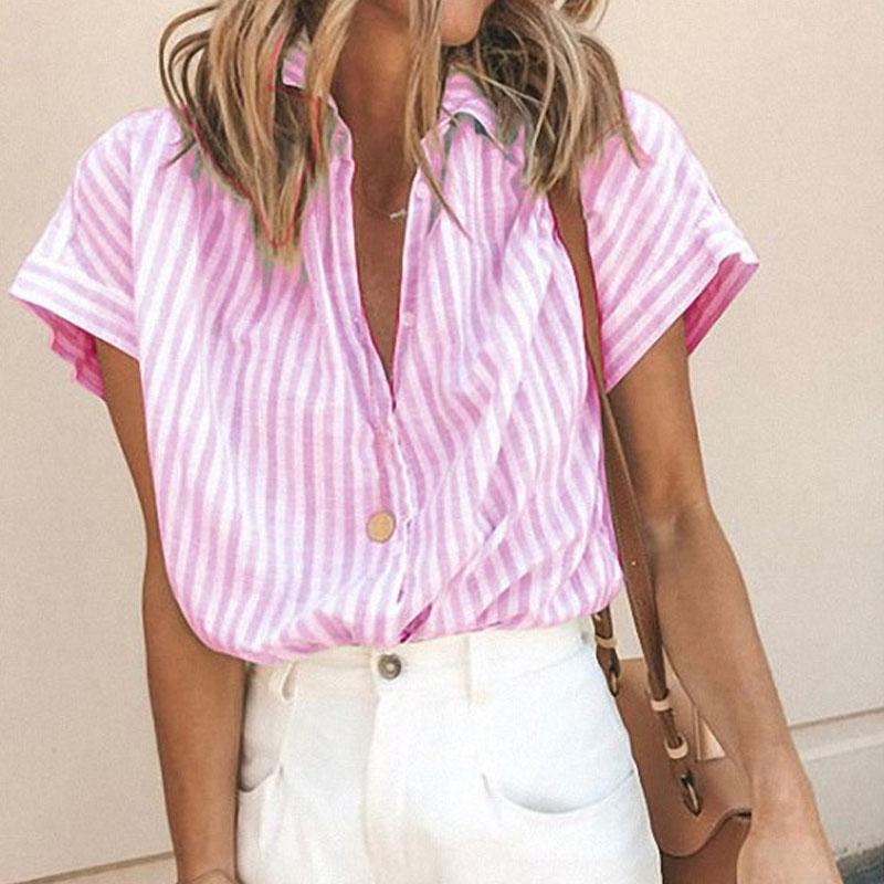 Summer loose striped shirt women's short-sleeved lapel vertical pattern cardigan women's blouse casual 2021