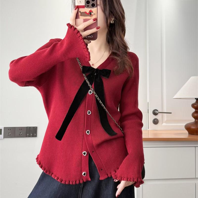 2026 Spring Plus Size Women's Knit Bow Cardigan - V-Neck Long Sleeve Coco Style Jacket
