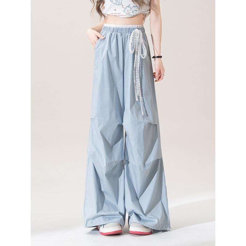 

Dopamine blue casual quick-drying overalls women s summer thin high-waisted pleated loose ice silk wide-leg sweatpants S синий