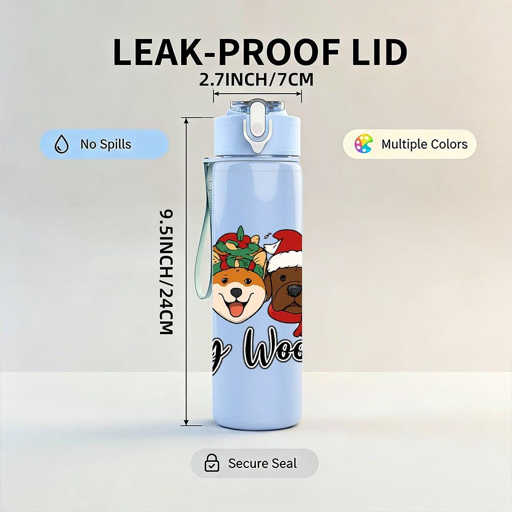 1PC Santa Dog Christmas Group Print 750ml Color Plastic Sports Water Bottle Leakproof Flip Straw Lid Suitable for Sports Office Home Use