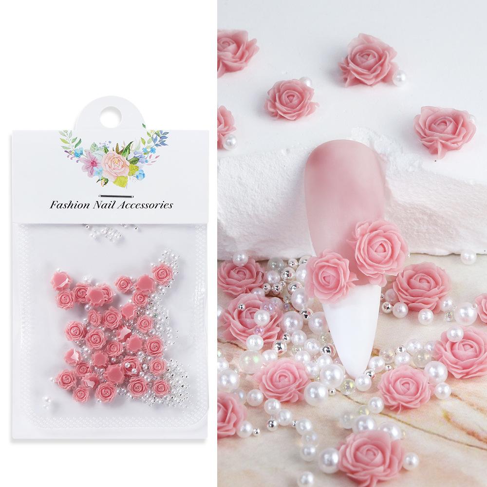 3 Packs 30 Gradient Carved Rose Nail Accessories, Dragon Sand, Gemstones, Rose Flowers with Steel Beads and Pearls, Nail Accessories
