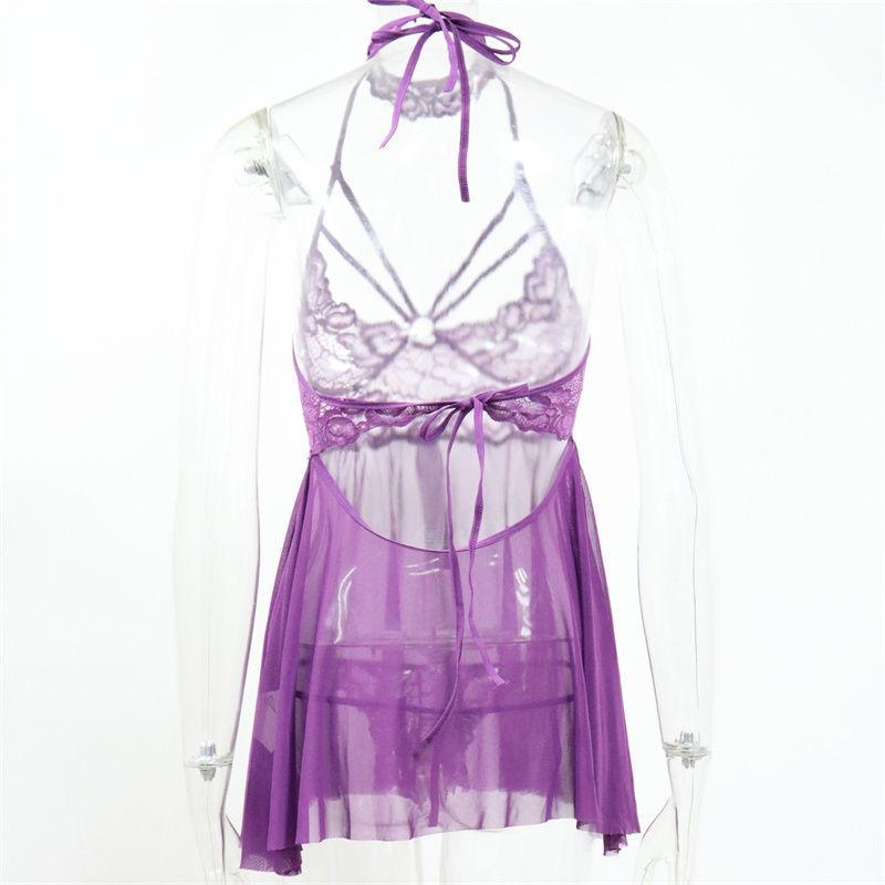 Front Opening Pajamas Mesh Transparent Cutout Sexy Halter Lace Sling Sexy Dress