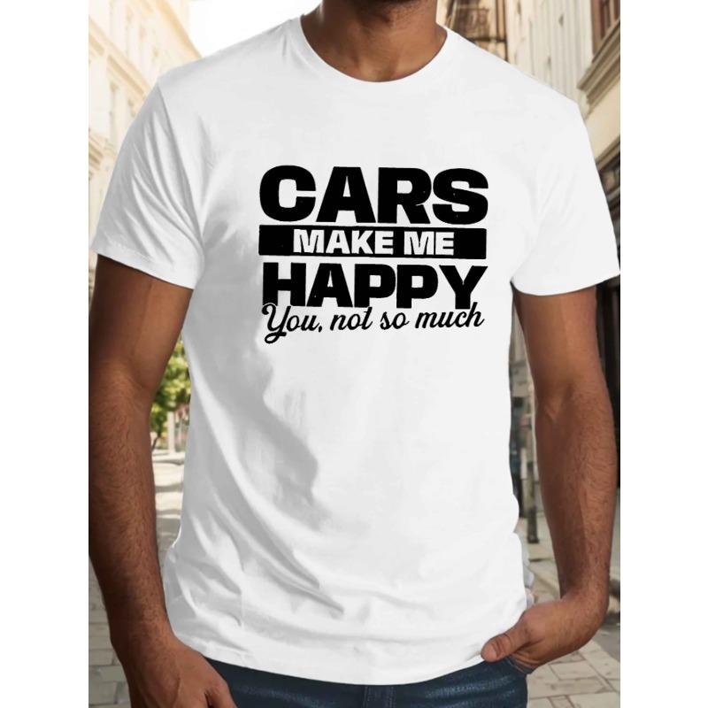 

European sizes 1pc Men S Casual Crew Neck T-Shirt - Cars Make Me Happy Slogan, Knit Fabric with Slight Stretch, Geometric Pattern 4XL білий
