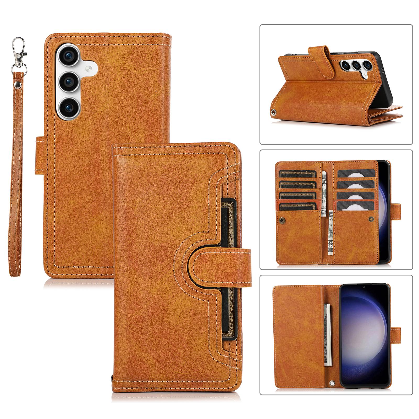 

For Samsung Galaxy S24+ Cell Phone Cases Split Leather Stand Wallet Cover with Handy Strap Brown