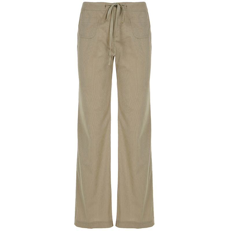 

Darlingaga Basic Minimalist Style Corduroy Casual Pants Women Drawstring Low Waist Straight Knit Pants Bell-Bottom Pants Khaki S