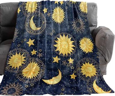 Flannel Throw Blankets Boho Chic Golden Sun Moon and Stars Blue Black Sky Antique Blankets Lightweight Luxury Blanket,Couch Bed#
