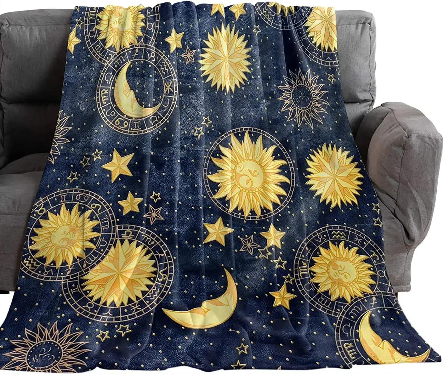 

Flannel Throw Blankets Boho Chic Golden Sun Moon and Stars Blue Black Sky Antique Blankets Lightweight Luxury Blanket,Couch Bed#(1) 75X95CM серый