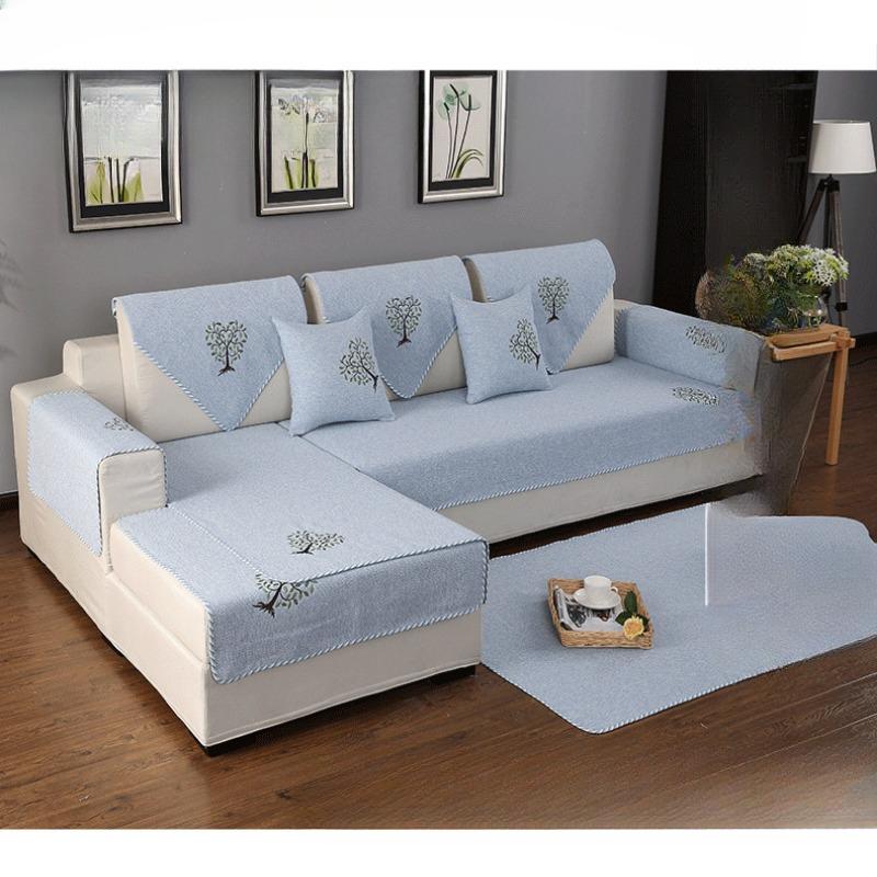 Four Seasons Non-Slip Embroidered Sofa Cushion Cotton Fabric Living Room Universal Linen Thickened Modern Simple Solid Color Sofa Towel